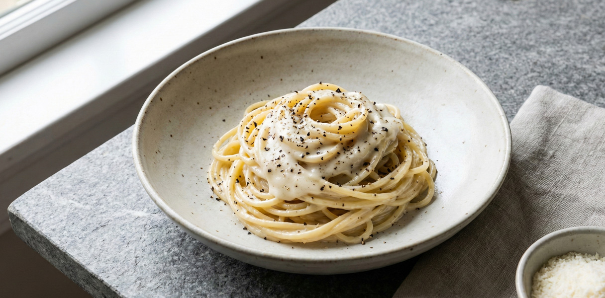 Spaghetti avec une sauce blanche crémeuse et des gros grains de poivre noir