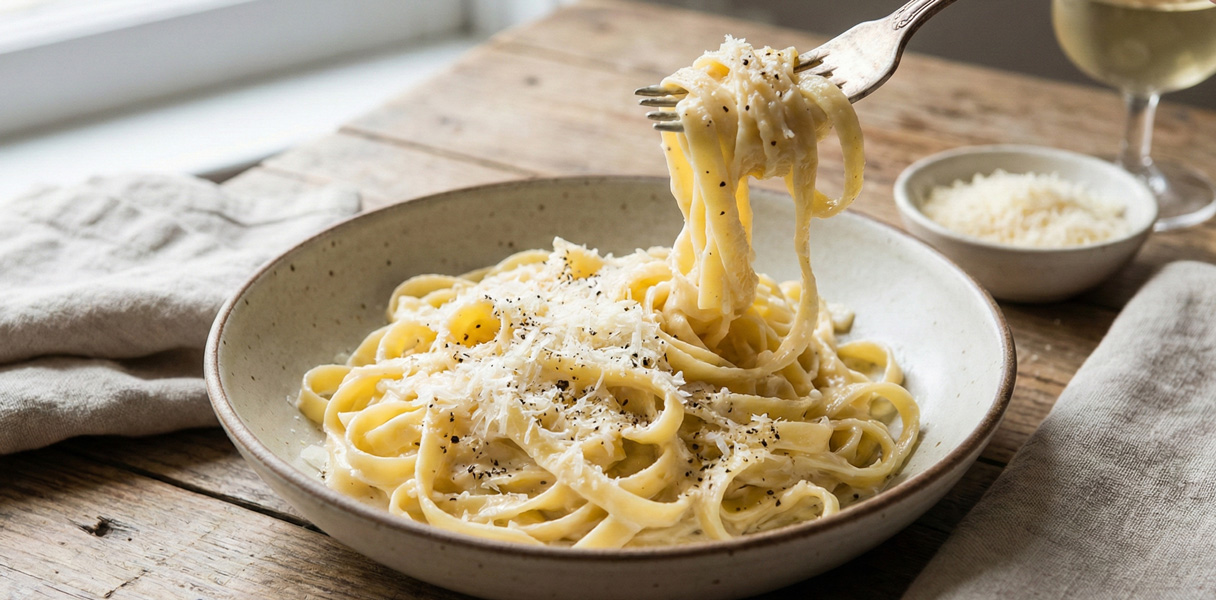 Fettuccine nappés de sauce blanche riche dans une assiette creuse noire
