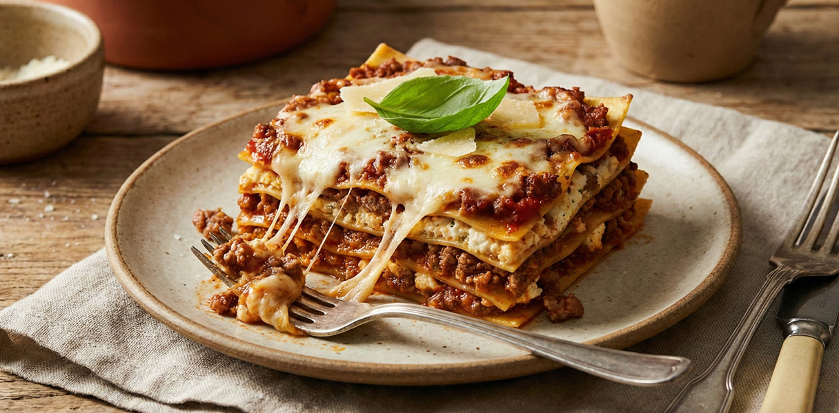 Part de lasagne épaisse avec le fromage qui file et sauce tomate riche
