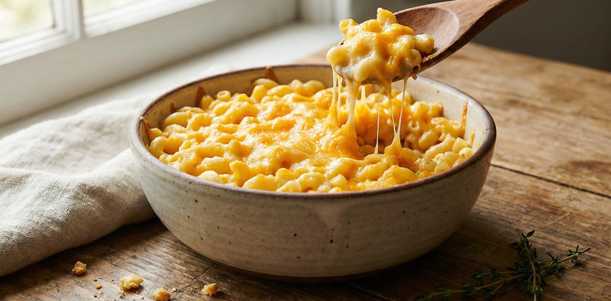 Bol de macaroni au fromage fondant avec une croûte dorée