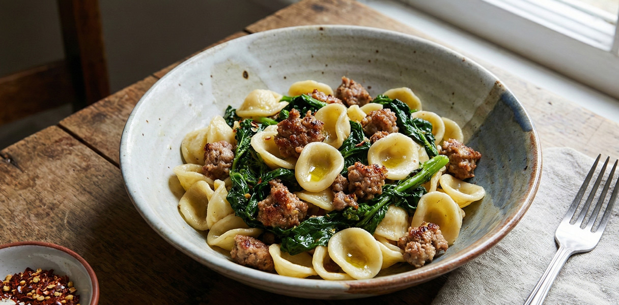Petites pâtes en forme d'oreille avec morceaux de saucisse et légume vert foncé