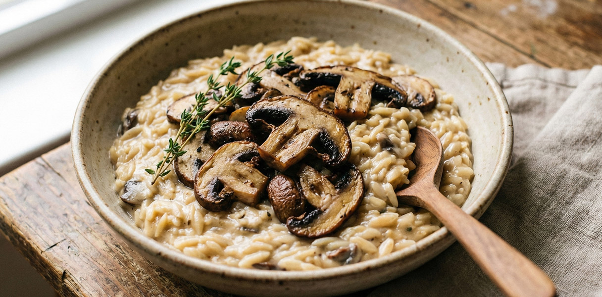 Bol d'orzo crémeux beige avec tranches de champignons rôtis