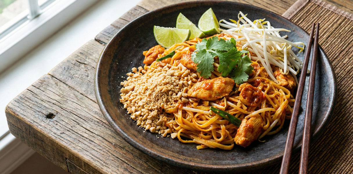 Assiette de pad thaï avec quartiers de lime et arachides concassées