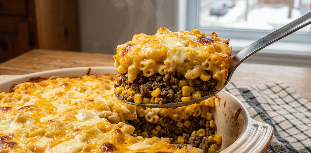 Plat à gratin montrant l'étage viande maïs et pâtes gratinées dessus