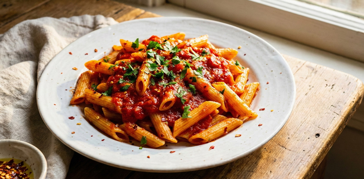 Penne rigate enrobés de sauce rouge vif avec persil frais