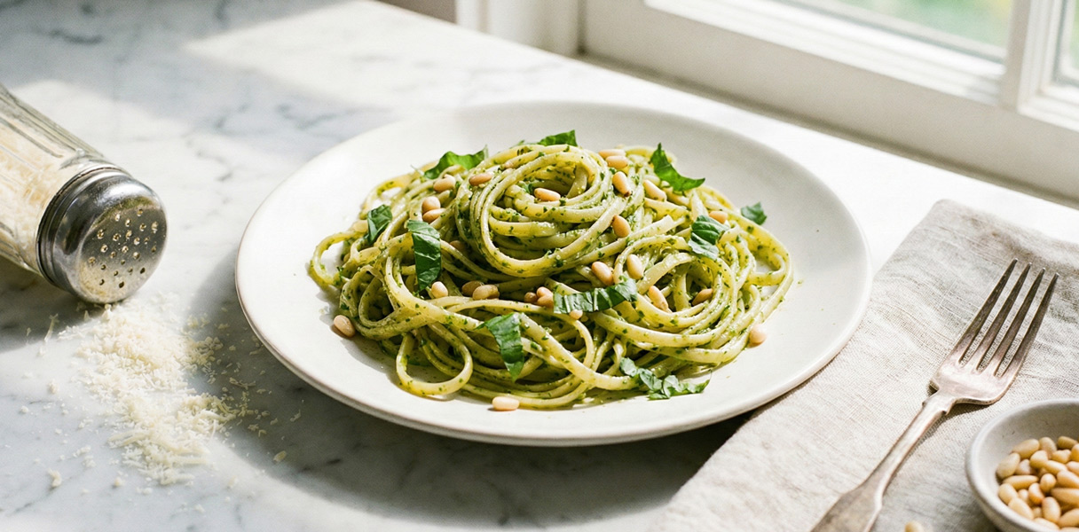 Linguine vert vif enrobés de pesto avec feuilles de basilic frais