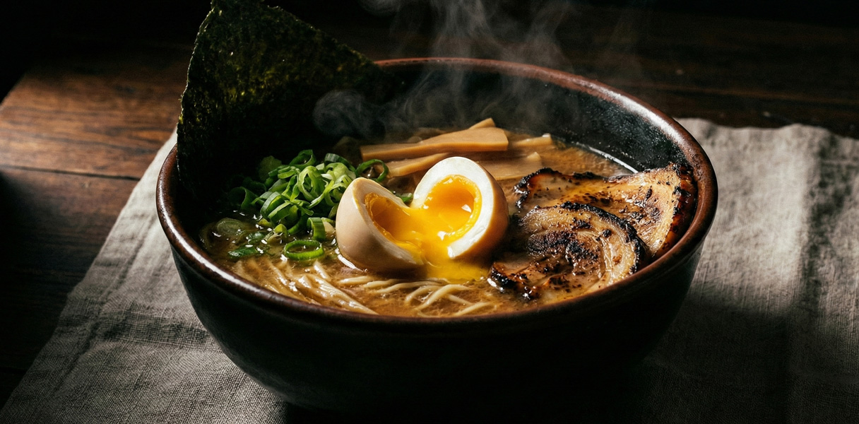 Bol de ramen fumant avec œuf mollet, poulet grillé et oignons verts