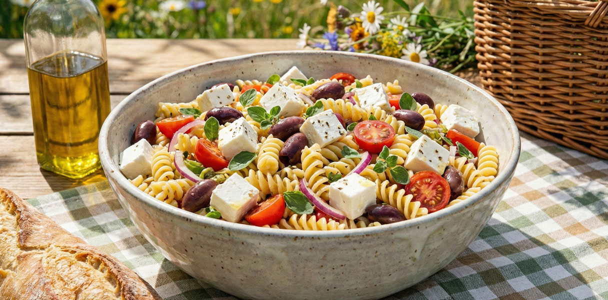Bol coloré de fusilli avec feta olives noires tomates et concombres