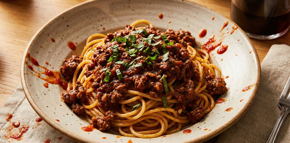 Montagne de spaghetti avec une sauce viande rouge foncé et basilique