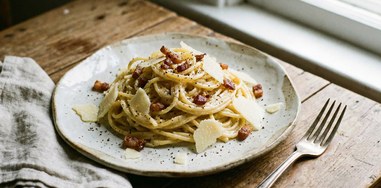 Assiette de spaghetti carbonara crémeux avec beaucoup de poivre noir et du fromage râpé