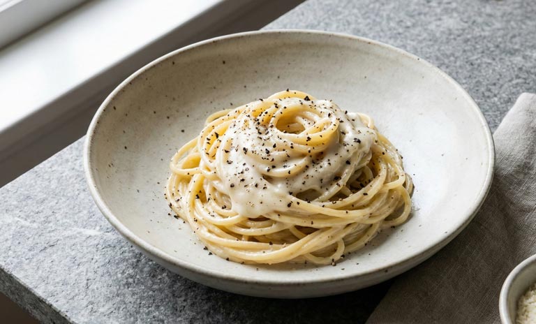 Spaghetti avec une sauce blanche crémeuse et des gros grains de poivre noir