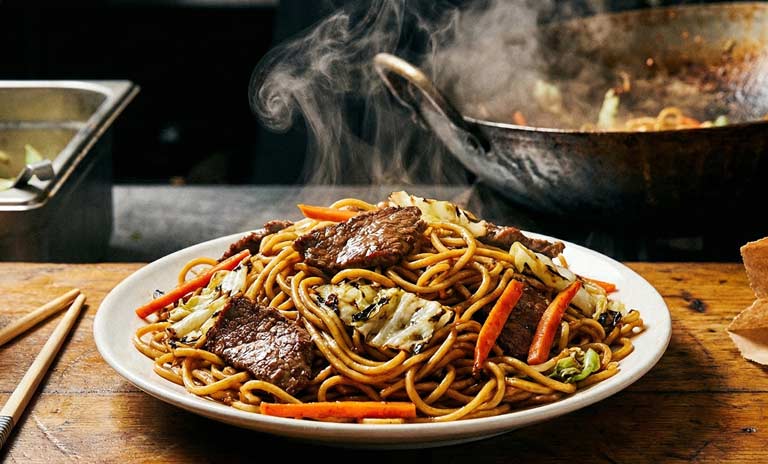 Nouilles chinoises sautées avec lanières de bœuf et chou