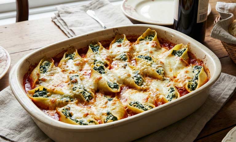 Grosses coquilles de pâtes remplies de fromage blanc dans une sauce tomate