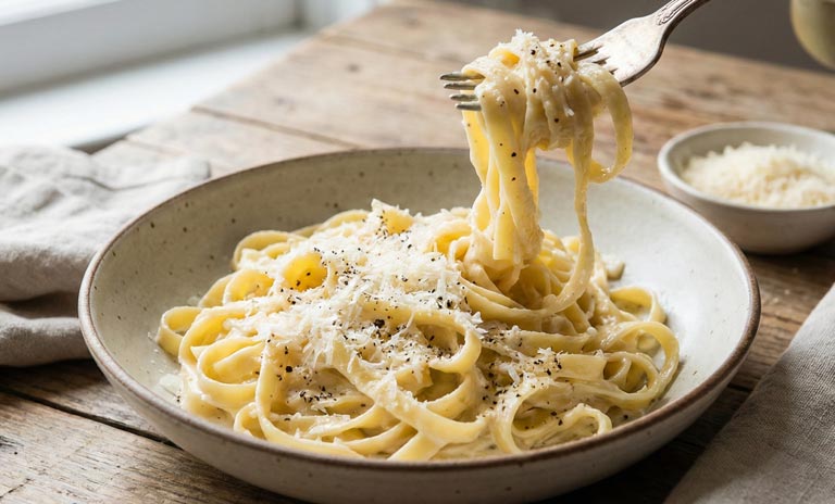 Fettuccine nappés de sauce blanche riche dans une assiette creuse noire