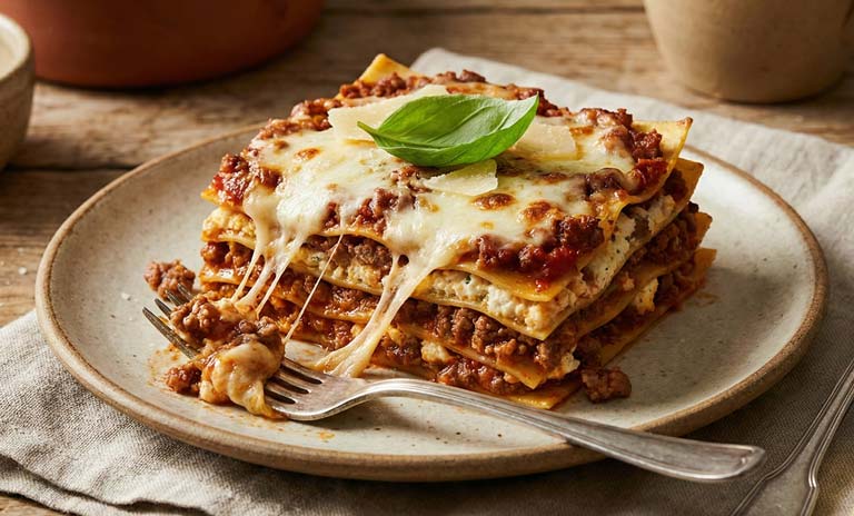 Part de lasagne épaisse avec le fromage qui file et sauce tomate riche