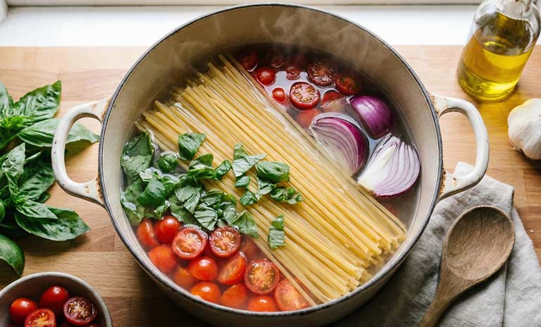 Casserole vue de haut avec linguine tomates oignons et eau avant cuisson