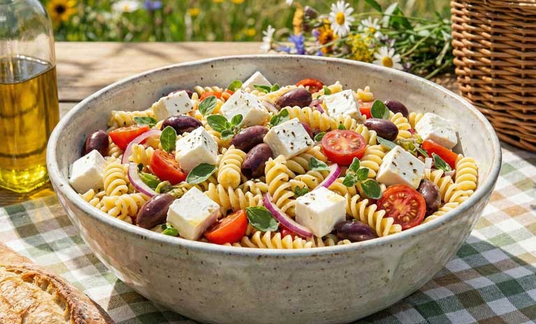 Bol coloré de fusilli avec feta olives noires tomates et concombres